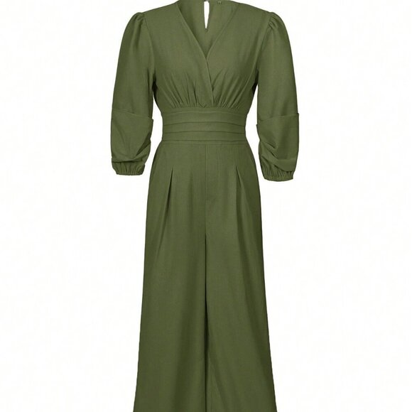 Army Green Elegant Women's Casual Solid Color Lantern Sleeve Jumpsuit - Picture 3 of 9